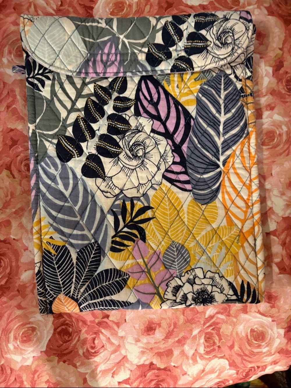 Vera Bradley Quilted Floral Leaf Pouch in Yellow, Purple, Gray, Black, Cream